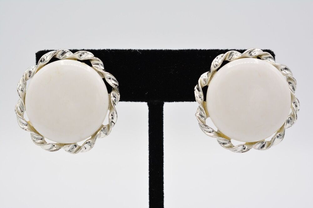 Lisner Vintage Clip On Earrings White Button Silver Tone Chunky Signed 50s BinAK